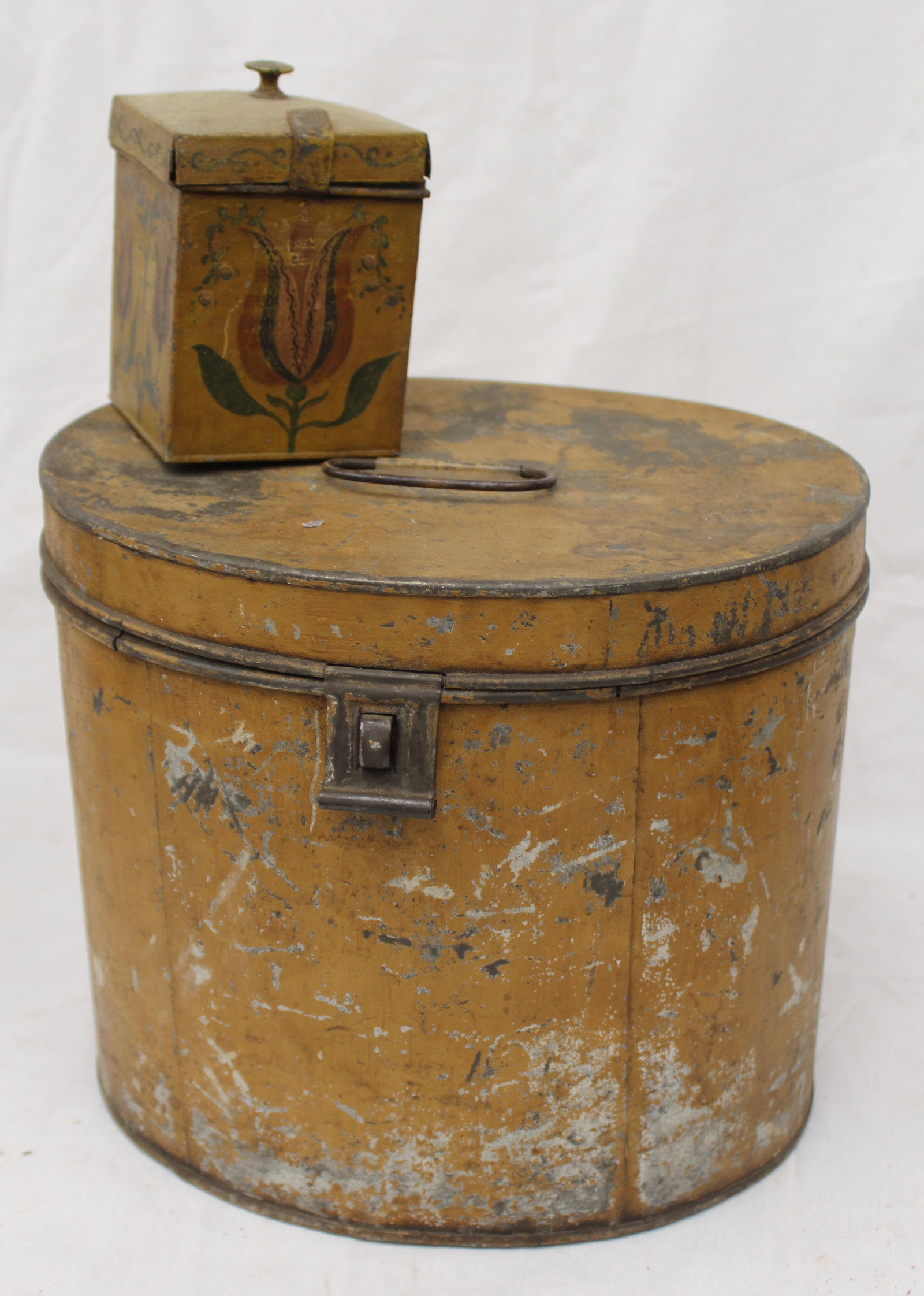 Lot of 2 antique yellow tole cannisters - a large round & a small rectangular - 10" tall x 12" diam (1 of 5)