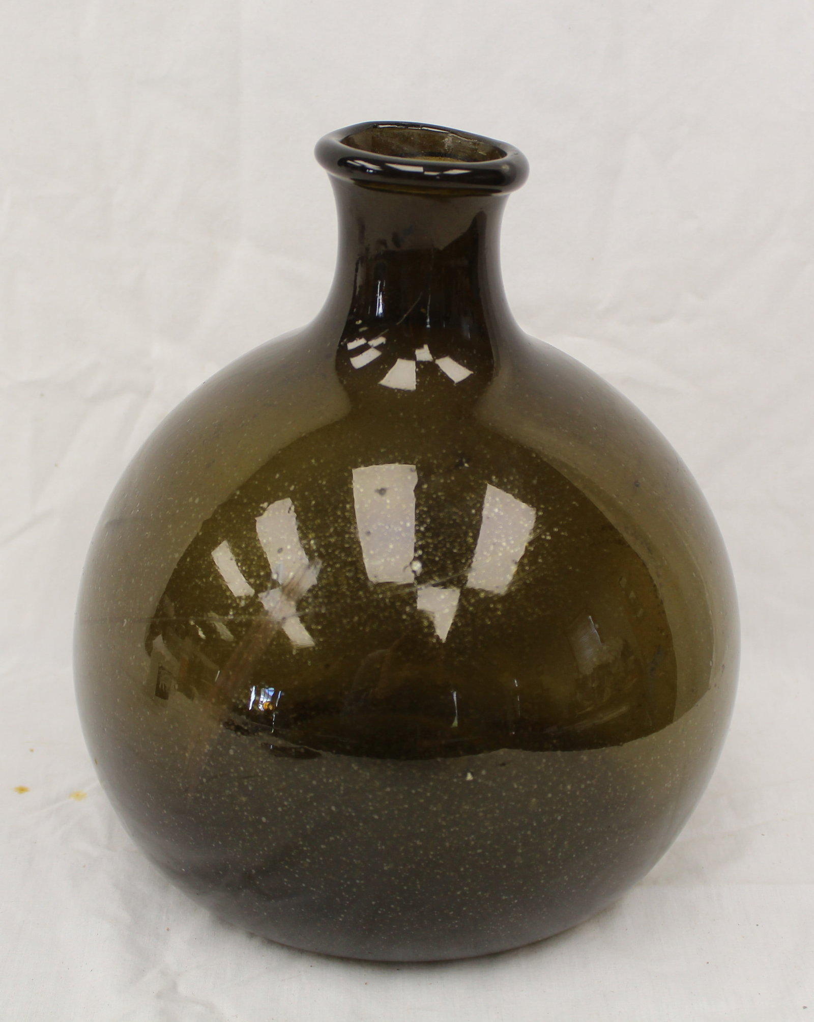 Early green glass bulbous bottle - 10" tall: Early green glass bulbous bottle - 10" tall