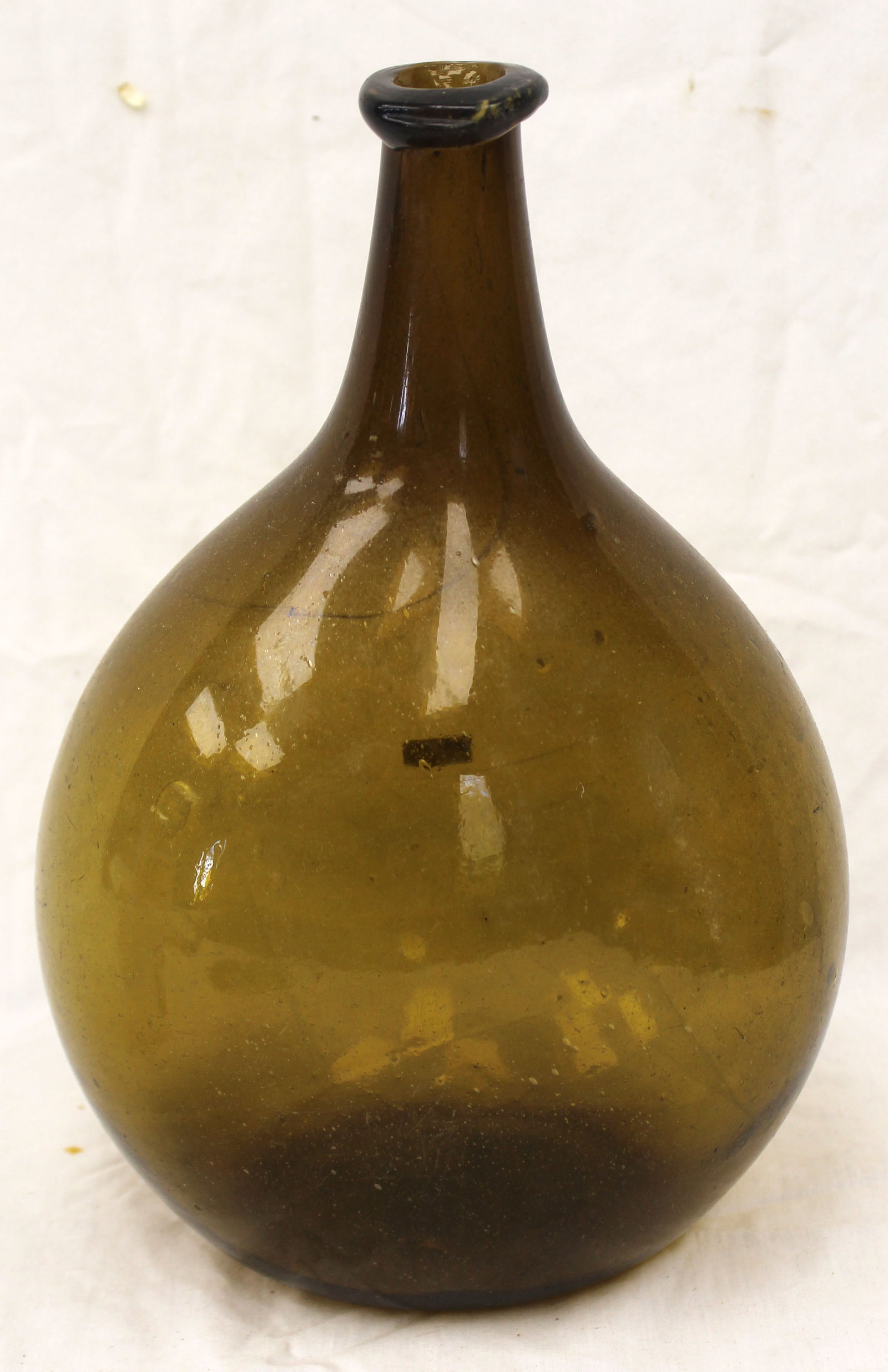 Early green glass bulbous bottle - 13" tall: Early green glass bulbous bottle - 13" tall