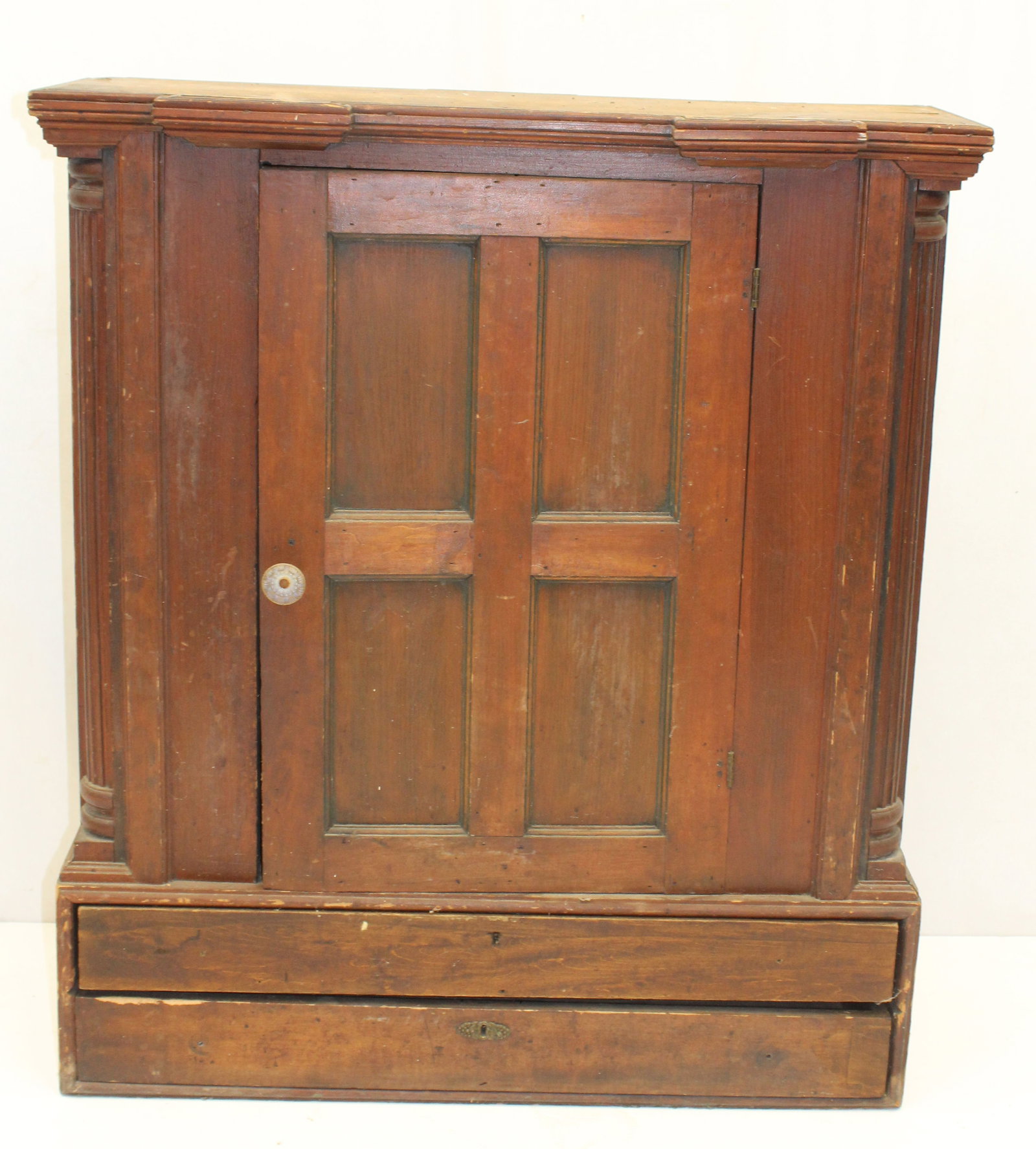 Antique 1 door over 2 drawers wall or table top cupboard w shelf interior & paneled door - 35" tall (1 of 7)