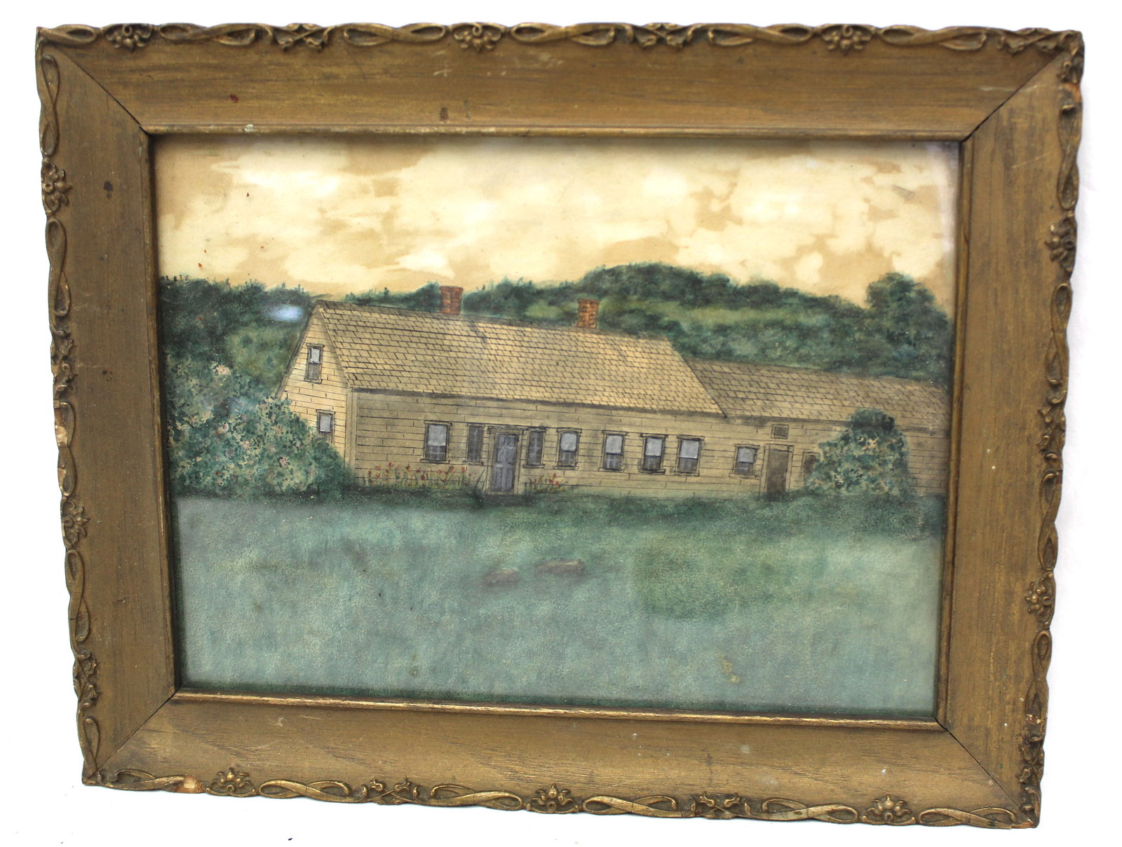Antique w/c of a house in green grassy landscape inscribed on back Wallingford, VT - overall framed (1 of 9)