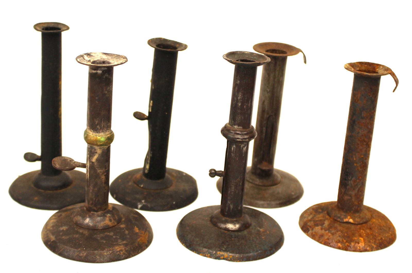 Lot of 6 antique tin hogscraper push up candlesticks incl 2 wedding band examples - 6 1/2"-7" tall (1 of 4)