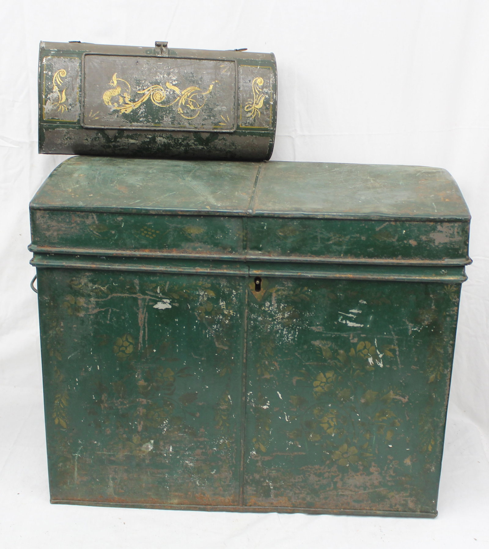 Lot of 2 antique green tole boxes incl oval candle box & large square storage box - 6 1/2" x 9" wide (1 of 7)