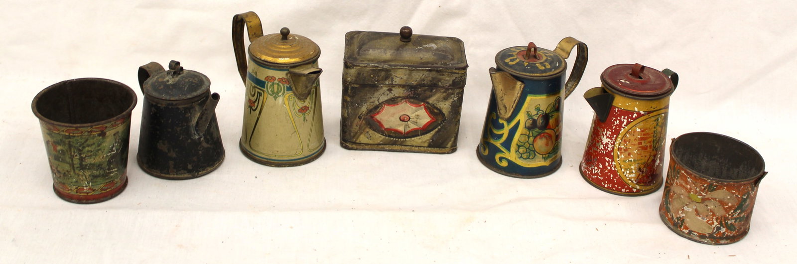 Lot of 7 small toleware items icl boxes, pitchers & cups - 2" - 3 1/2" tall (1 of 5)