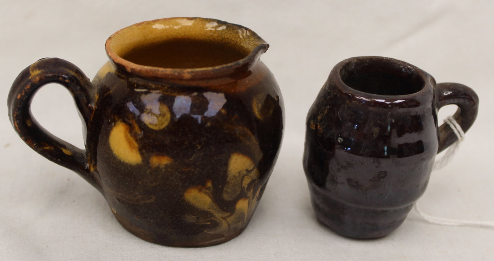 Lot of 2 miniature antique redware items - pitcher & barrel mug - 2 1/2" & 2" tall (1 of 11)