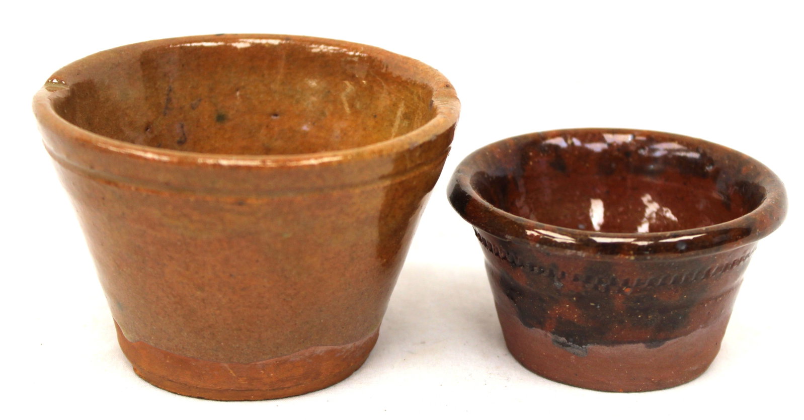 Lot of 2 miniature antique redware bowls - 2 1/2"x3" diam & 1 1/2" x 2 3/4" diam (1 of 6)