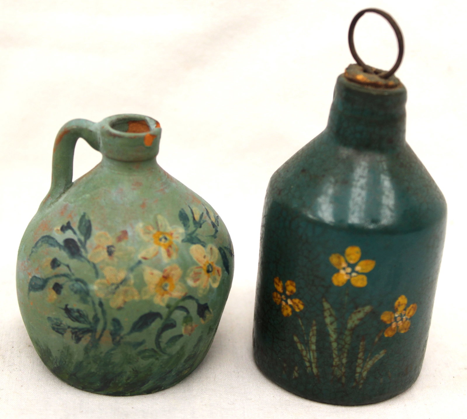 Lot of 2 miniature earthenware green glaze pitchers w floral paint dec - 2 3/4" - 4" tall (1 of 7)