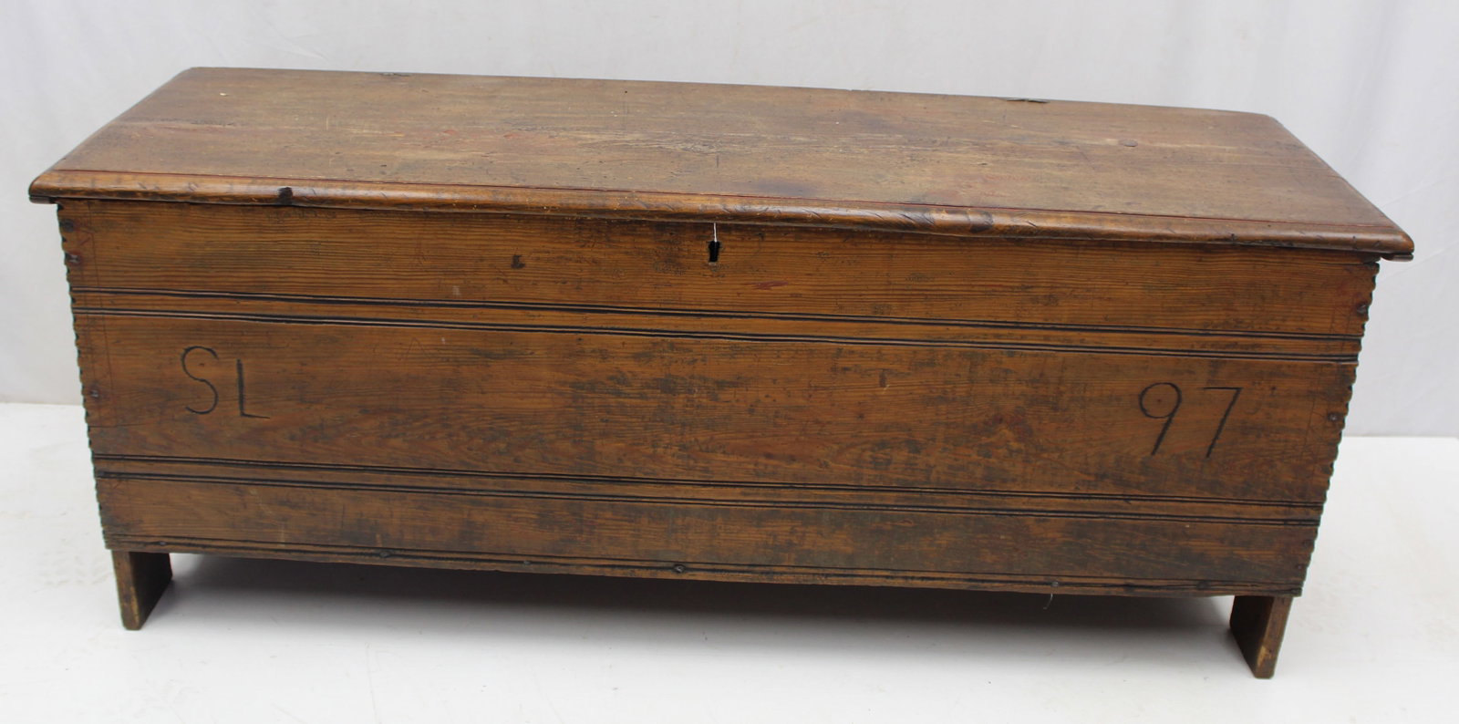 18thC linen fold blanket chest w till & scratch carved "SC 97" on front - 22" tall x 55"x17 1/2" (1 of 9)