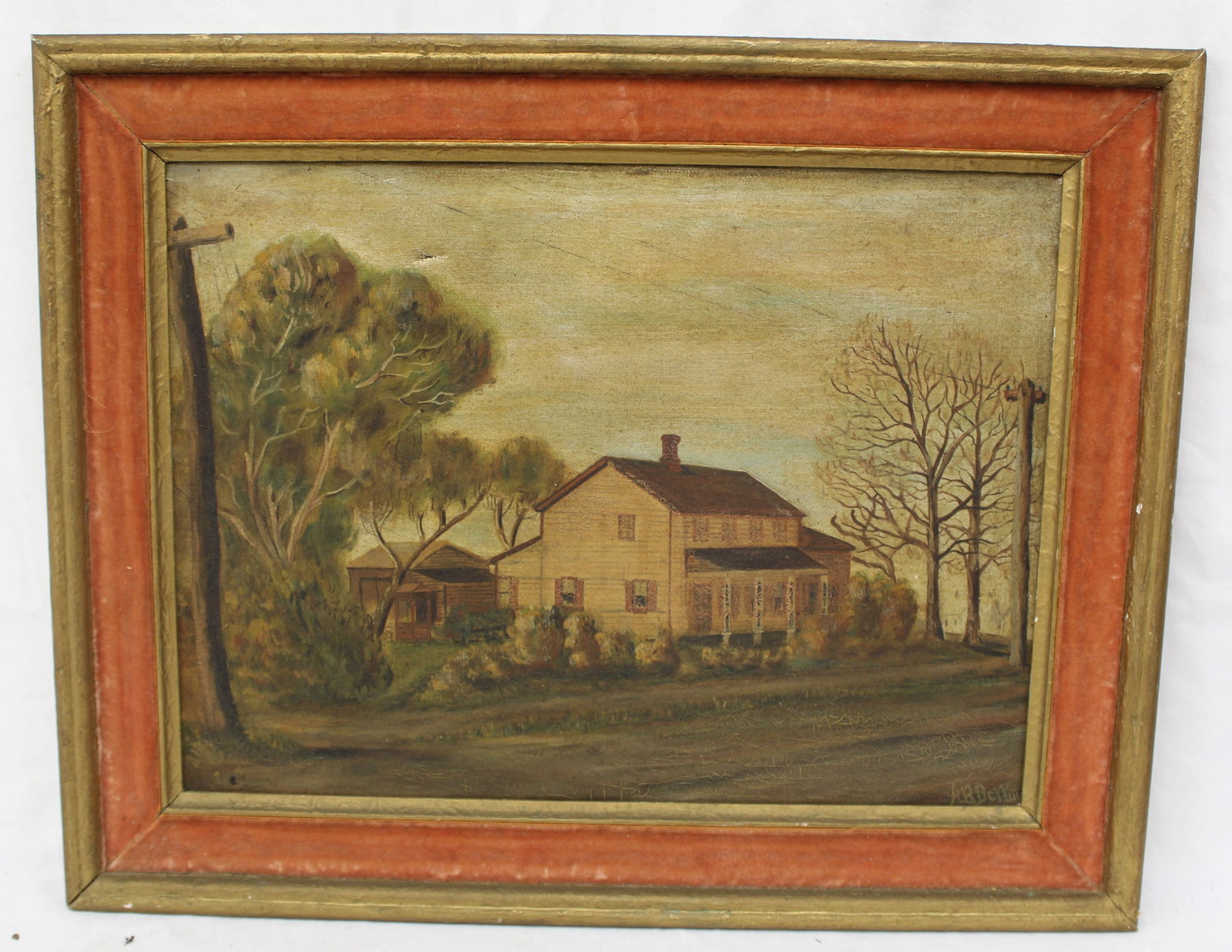 Antique o/c of a house on country road signed illegibly - overall framed size 16"x20" (1 of 9)