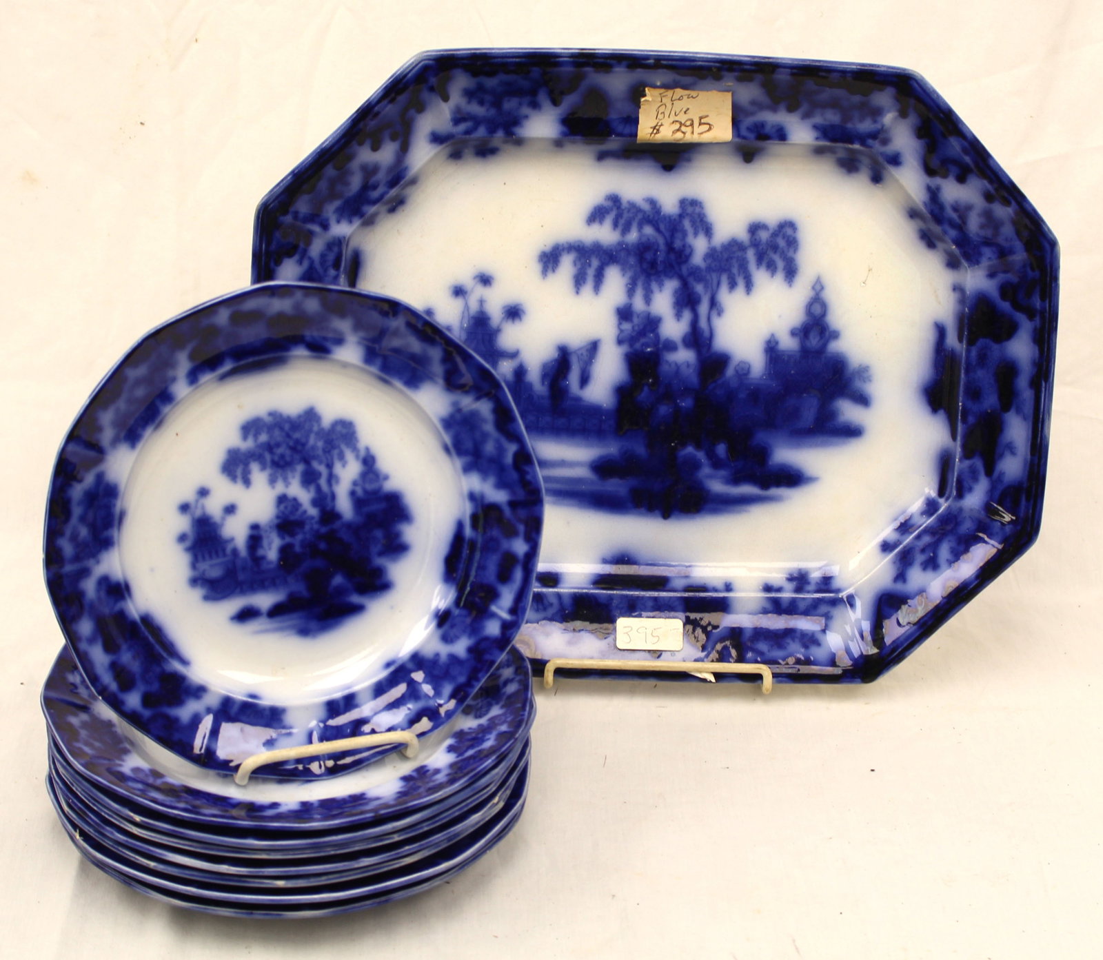 Lot of 9 antique Flow Blue Scinde incl platter & 8 plates - 14"x17" platter & 8 1/2" plates (1 of 5)