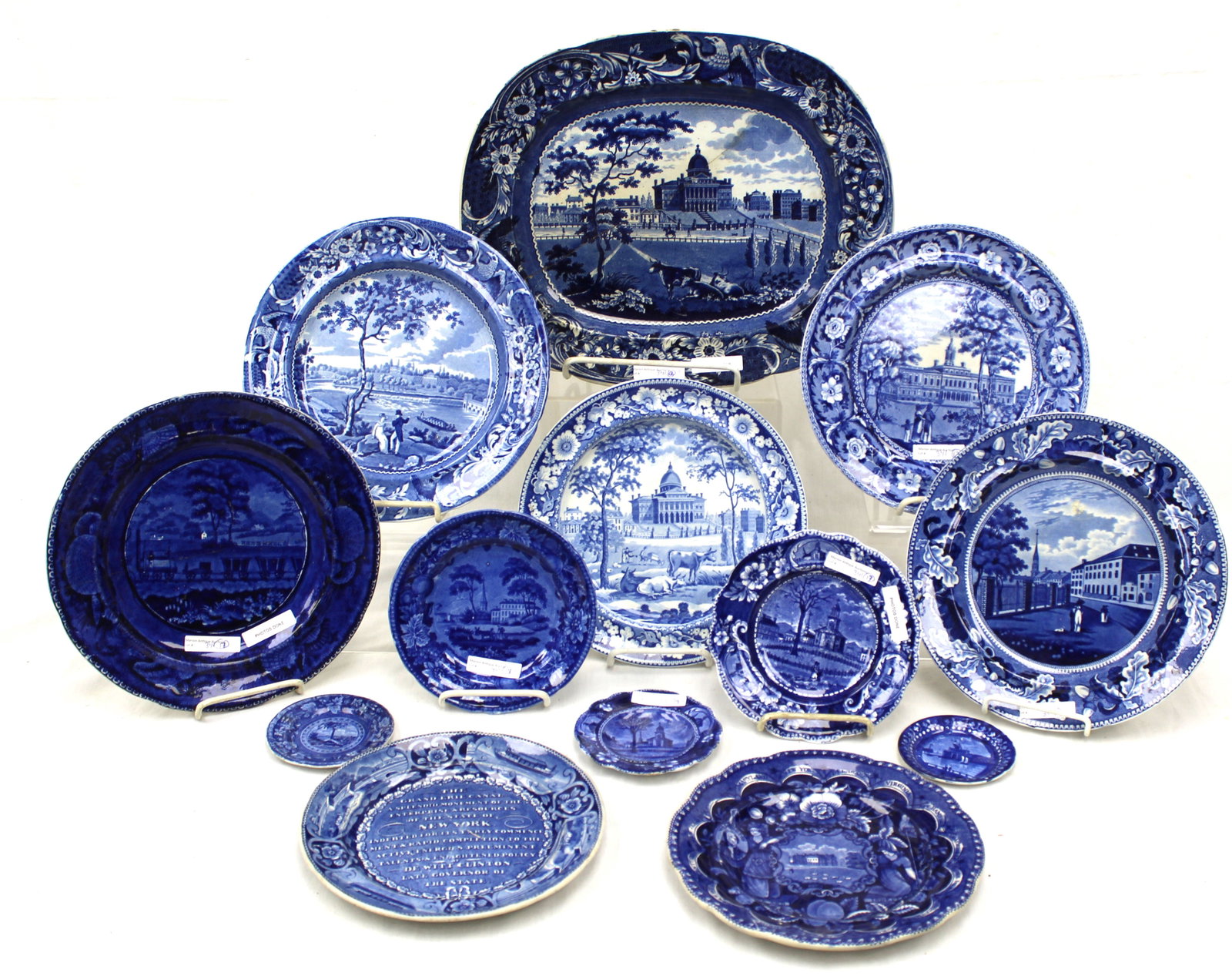 Large lot of antique blue & white Staffordshire plates & platter - 3 1/2" - 11 1/2" (1 of 12)