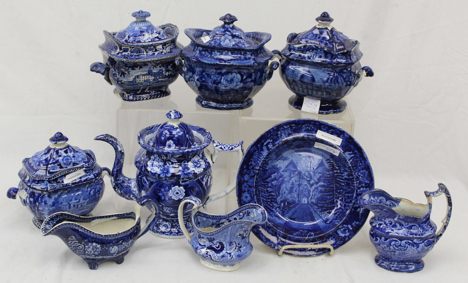 Large lot of antique blue & white Staffordshire creamers, sugars, coffee pot & plate - 4 1/4" - 9" (1 of 8)