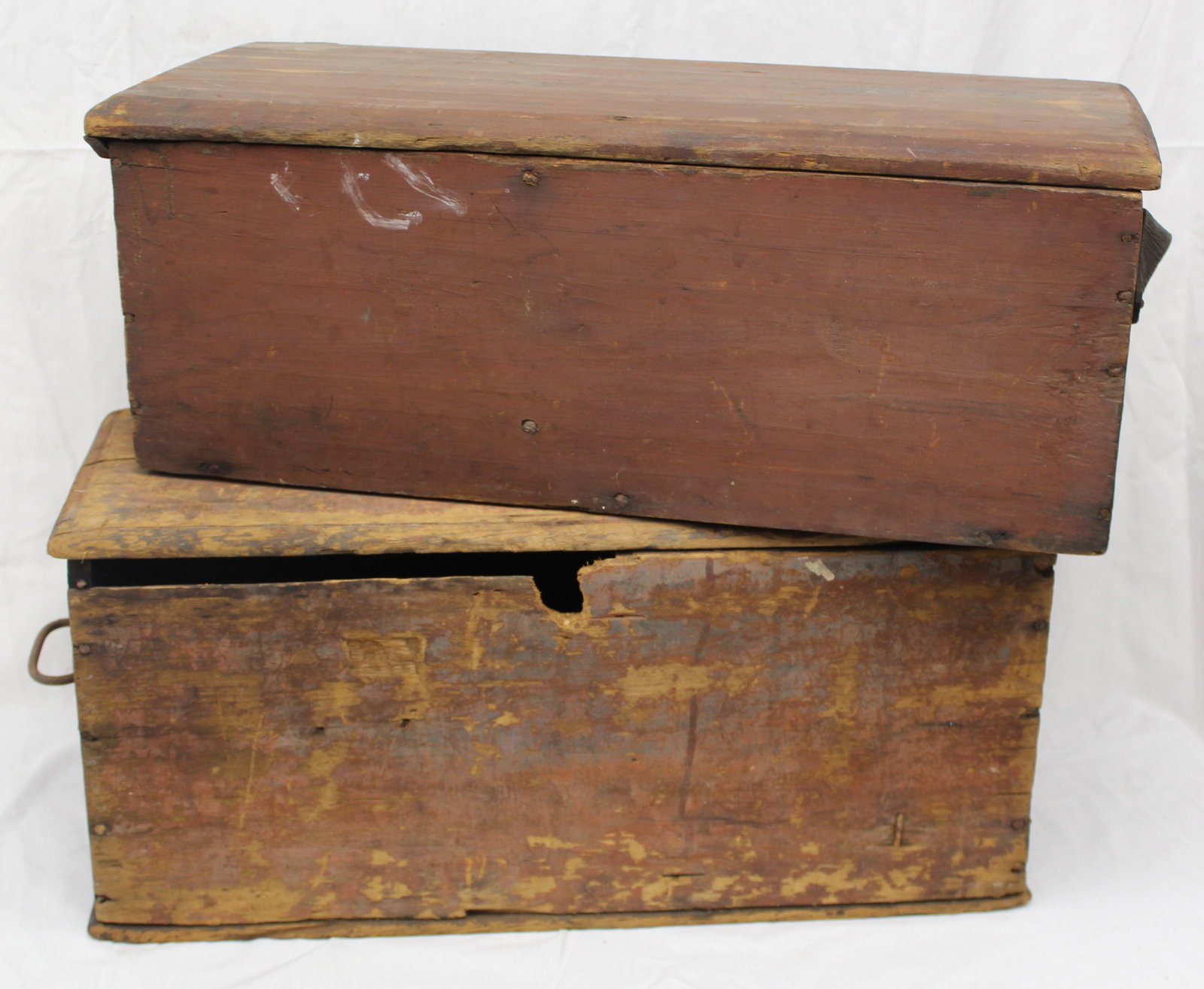 Lot of 2 antique wooden storage boxes incl 1 in red paint w divided interior - 11" tall x 25"x10"& (1 of 7)