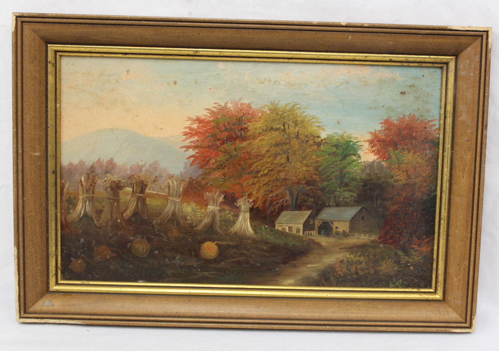 Antique o/bd autumn landscape w country road & house, corrnstalks & pumpkins - overall framed size: Antique o/bd autumn landscape w country road & house, corrnstalks & pumpkins - overall framed size 13"x20"