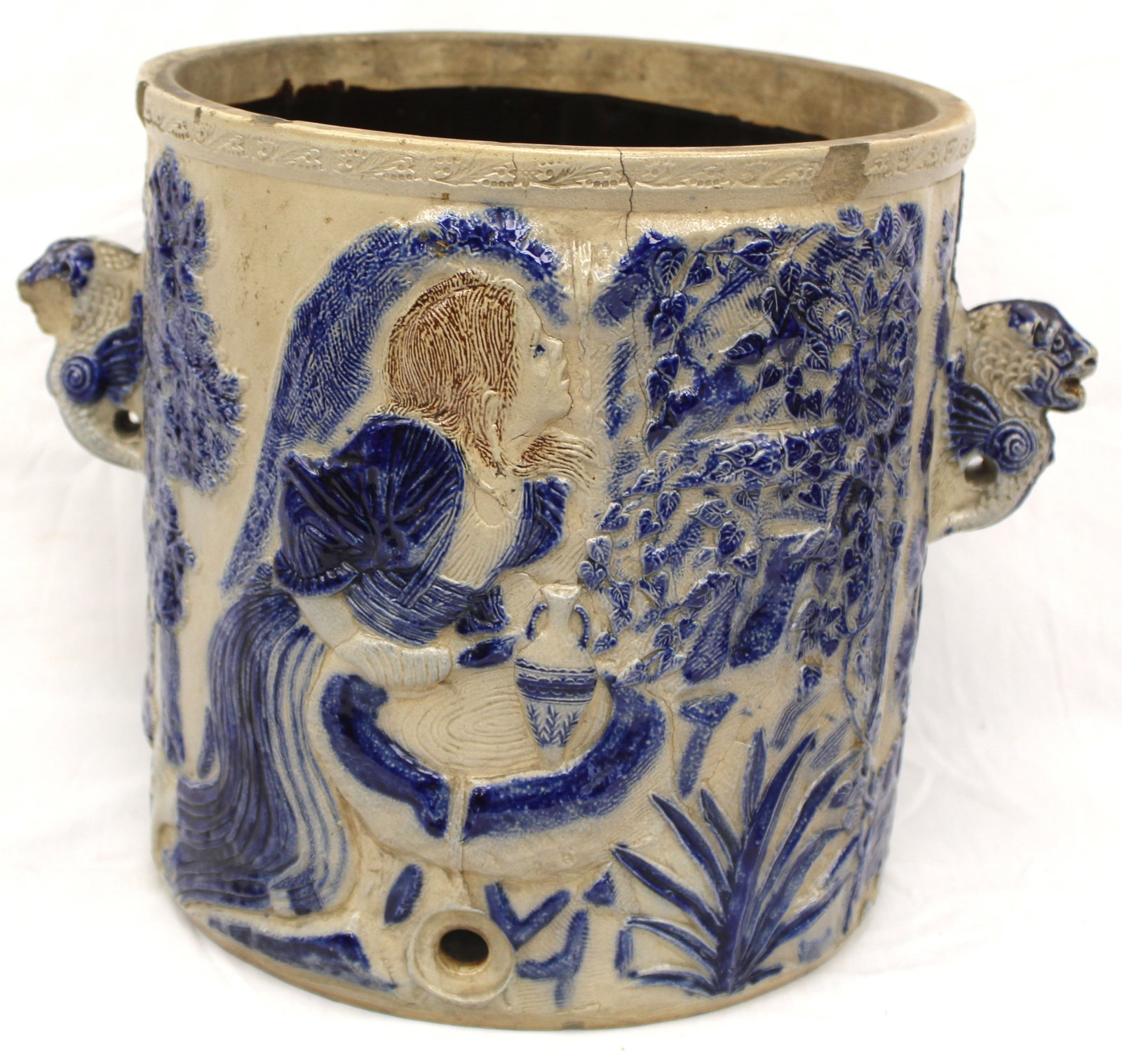 Large antique stoneware cobalt dec water cooler - 11 1/4" tall x 16" diam (1 of 13)