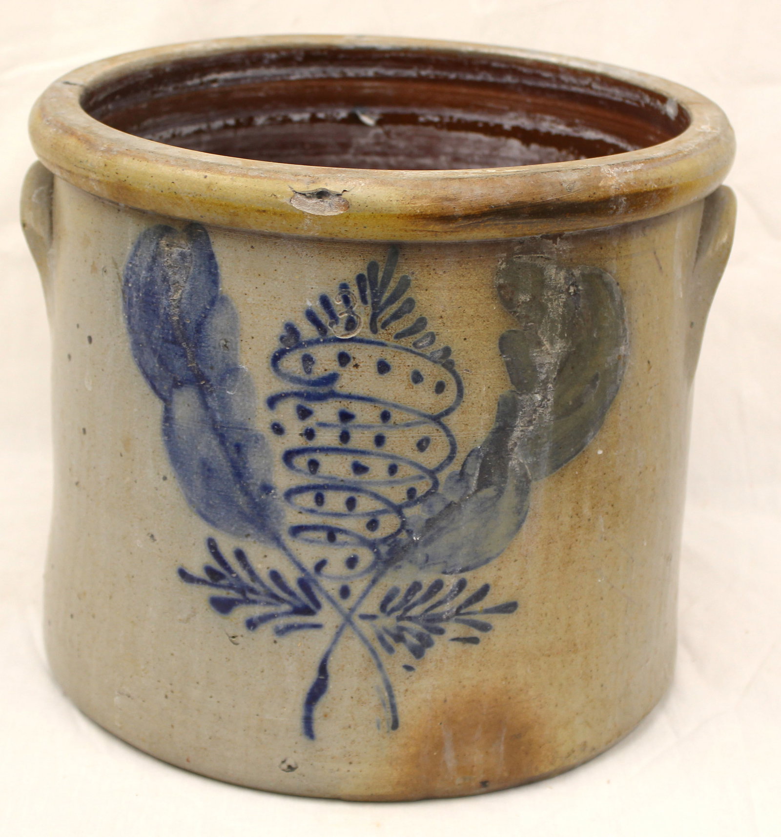 Antique stoneware 3 gal cobalt dec crock - 9 3/4" tall x 11 1/2" diam (1 of 7)