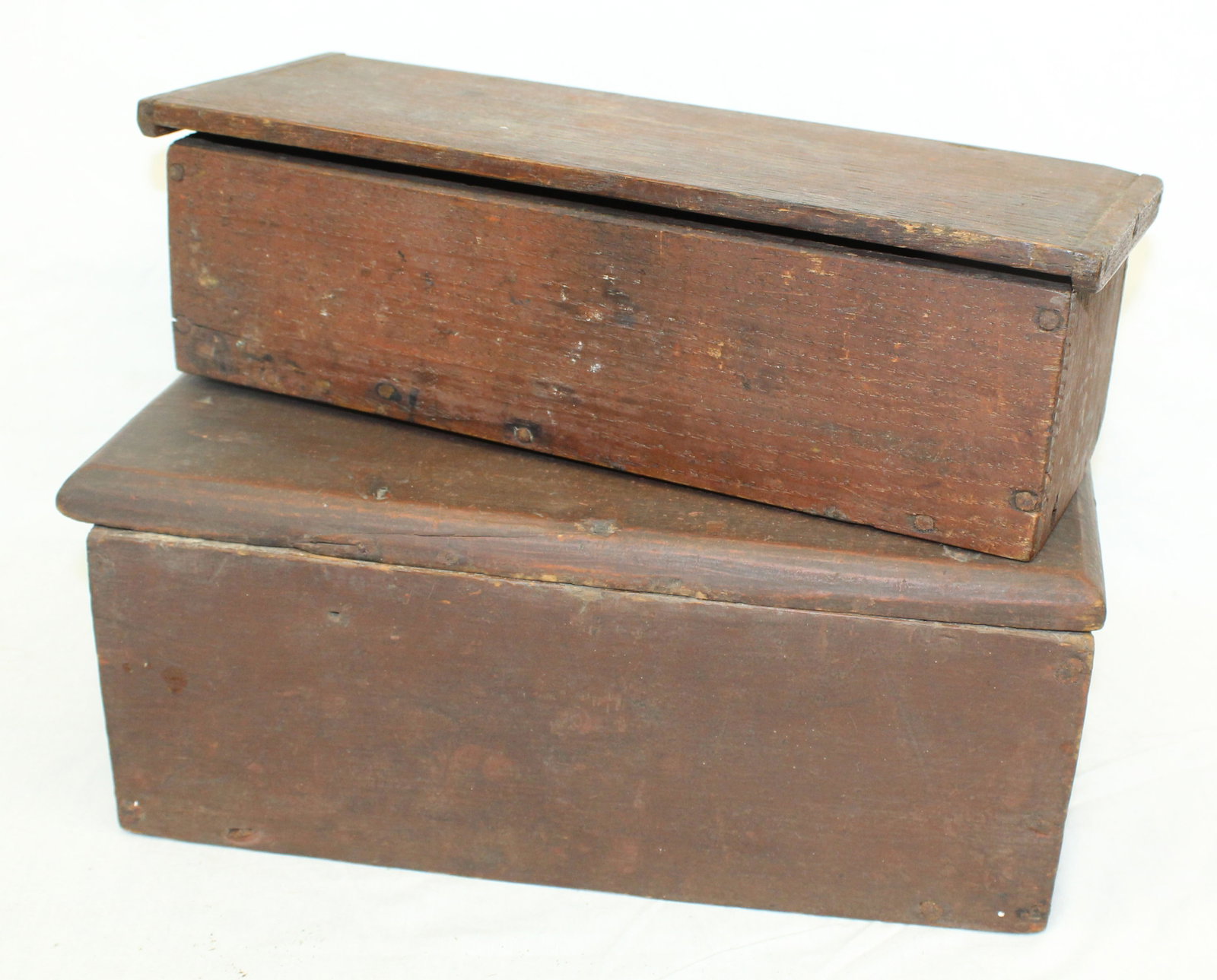 Lot of 2 antique wooden valuables boxes in red paint - 5 1/2" Tall x 12 1/2"x6 1/2" & 3 3/4" tall x (1 of 7)