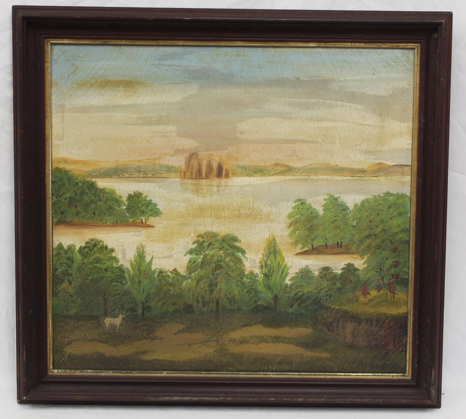 Antique Folk Art o/c lake scene w deer & Native Americans in woodlands foreground - overall framed (1 of 10)