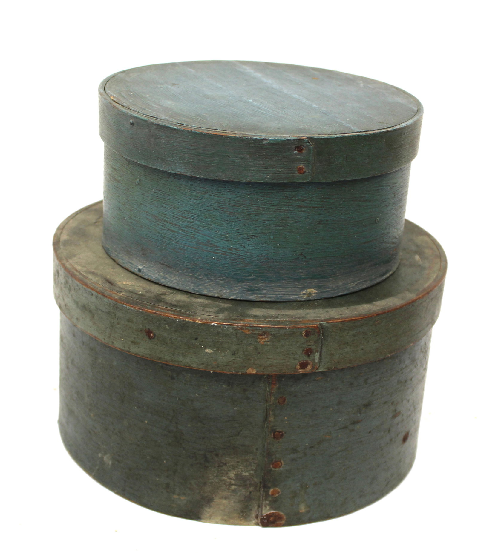 Lot of 2 antique round pantry boxes in blue/green paint - 1 inscribed on lid "Samuel King Sandwich" (1 of 7)