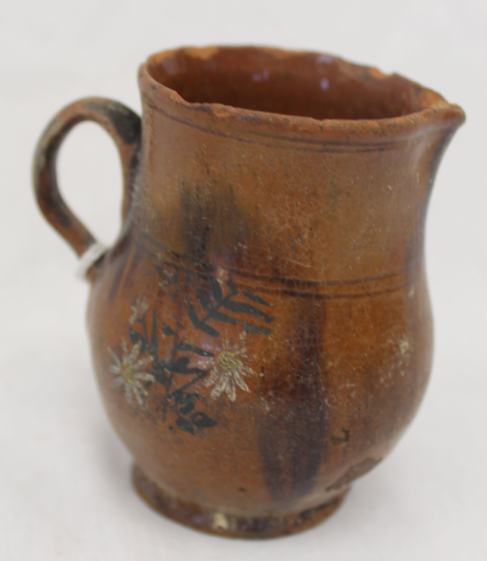 Antique redware creamer/pitcher w painted daisies decoration - 3 1/2" tall (1 of 8)