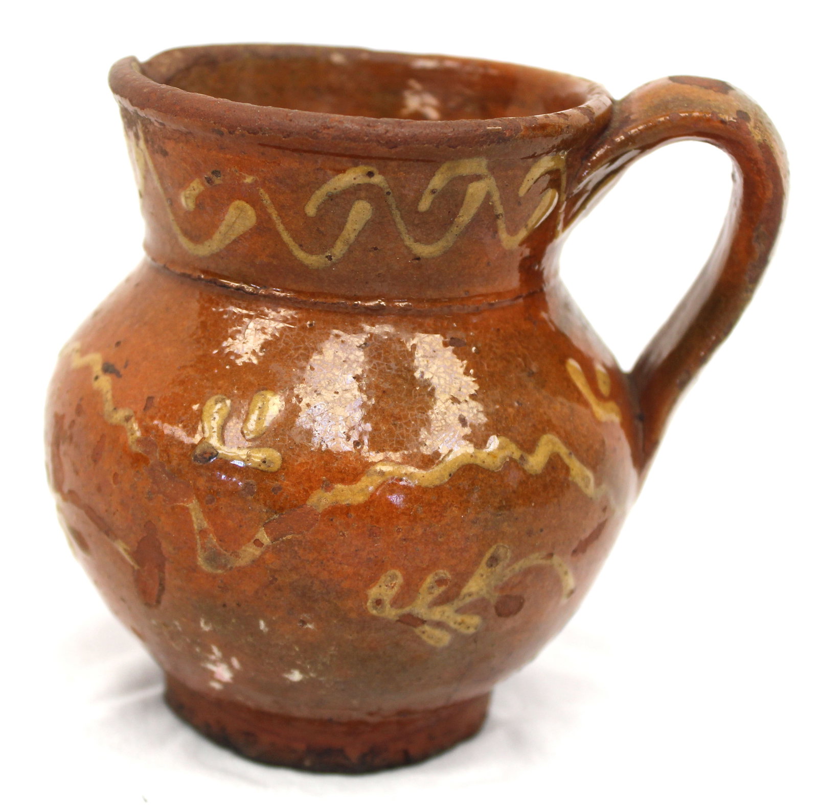Antique redware creamer/pitcher w slip dec - 4 1/2" tall (1 of 7)