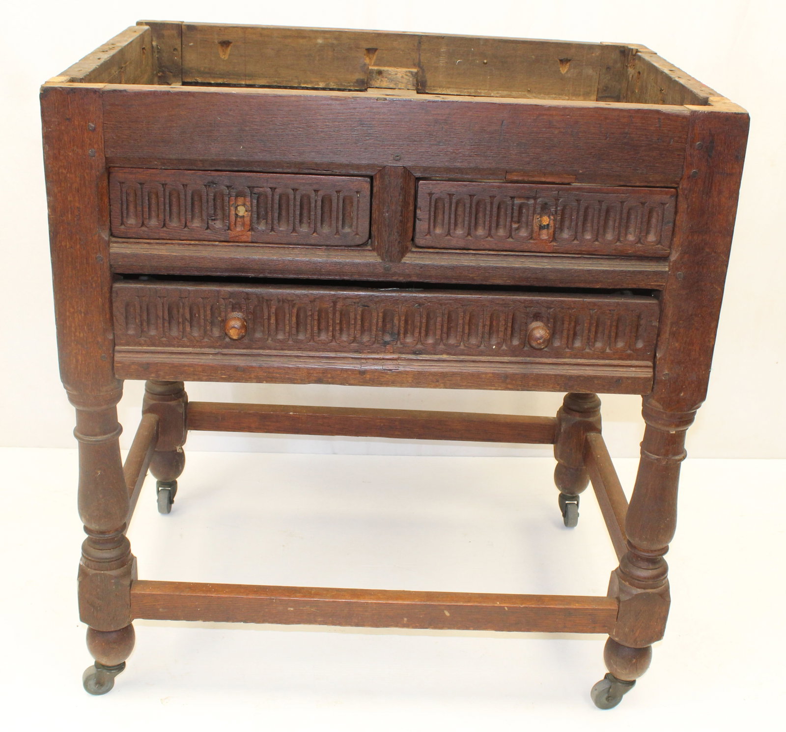 18thC 2 over 1 drawer server (base only) w turned legs, stretcher base & caster feet - no top - 33": 18thC 2 over 1 drawer server (base only) w turned legs, stretcher base & caster feet - no top - 33" tall x 31"x33"