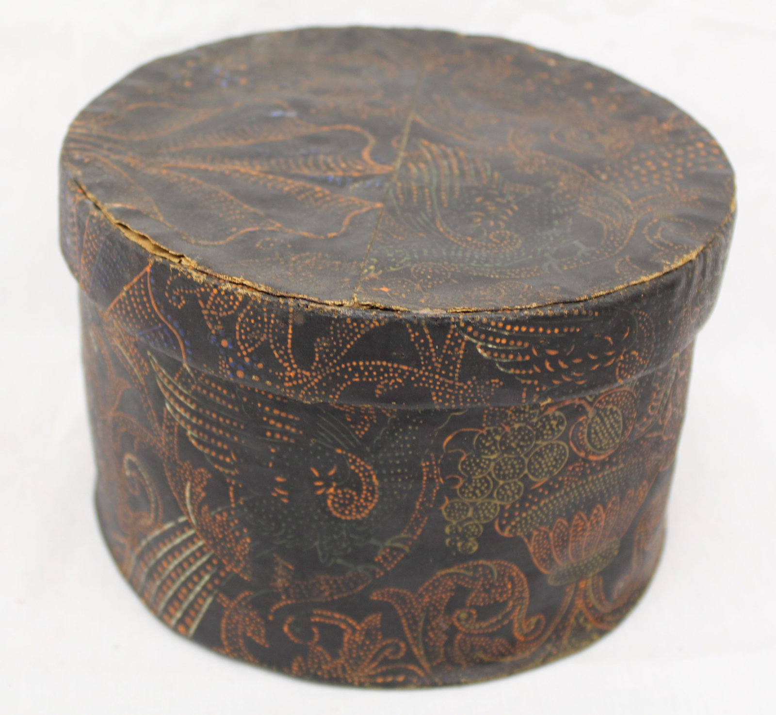 Antique decorated leather covered pantry pox - 4 1/2" tall x 7" diam (1 of 6)