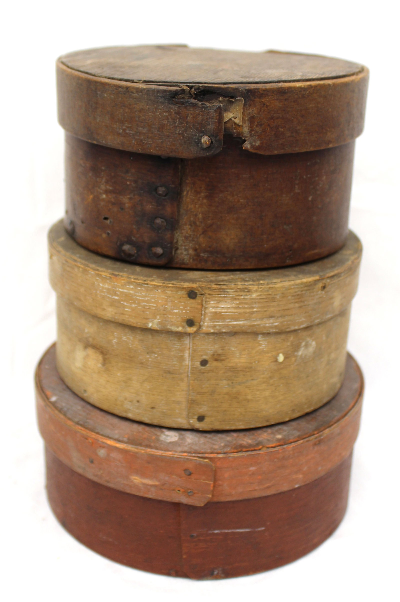 Stack of 3 round antique pantry boxes - 3 1/4" tall x 6" diam, 2 3/4" tall x 6" diam & 2 3/4" tall x (1 of 8)