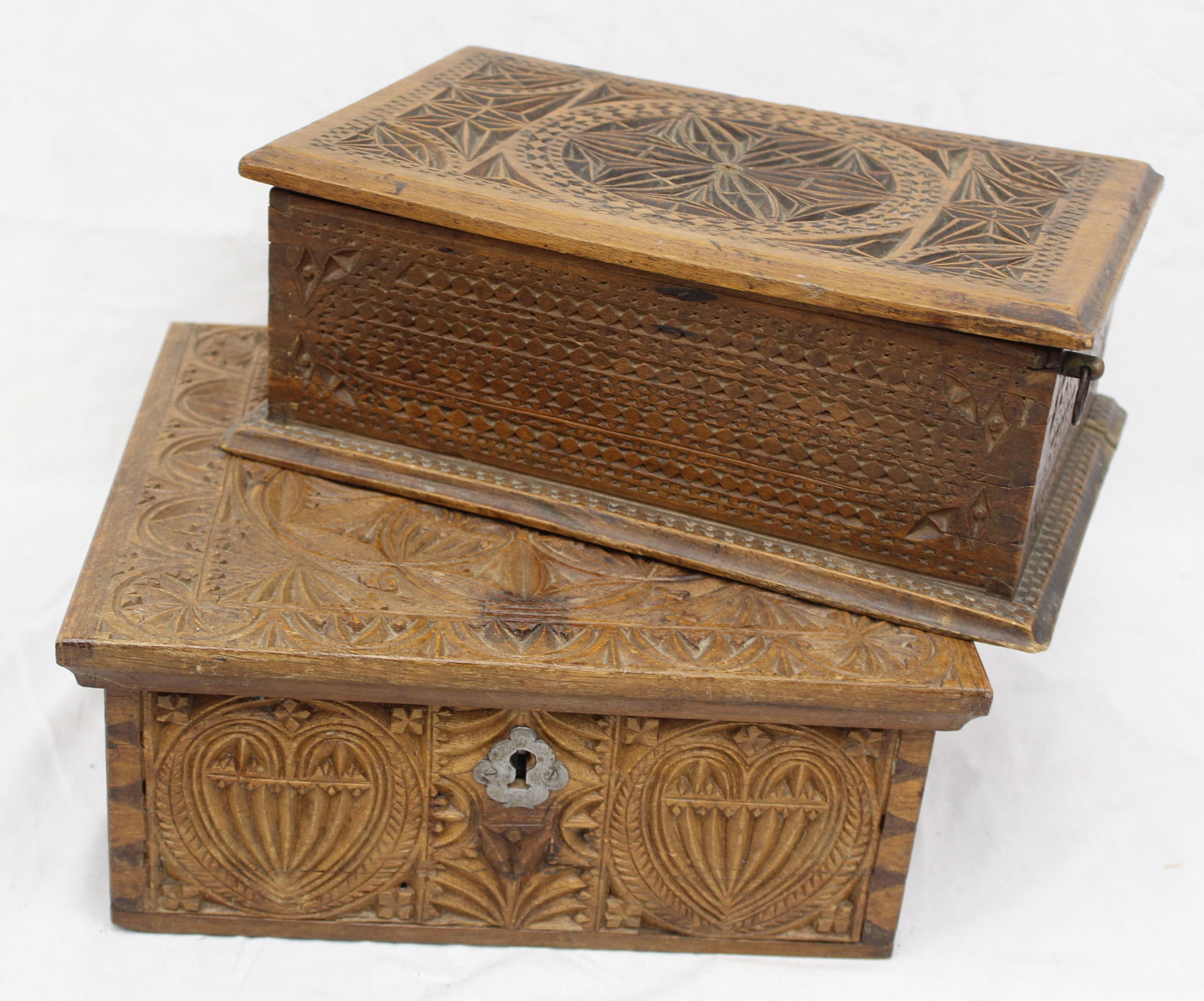Lot of 2 carved wooden valuables boxes - 1 w green velvet interior embroidered & criss stitched (1 of 7)