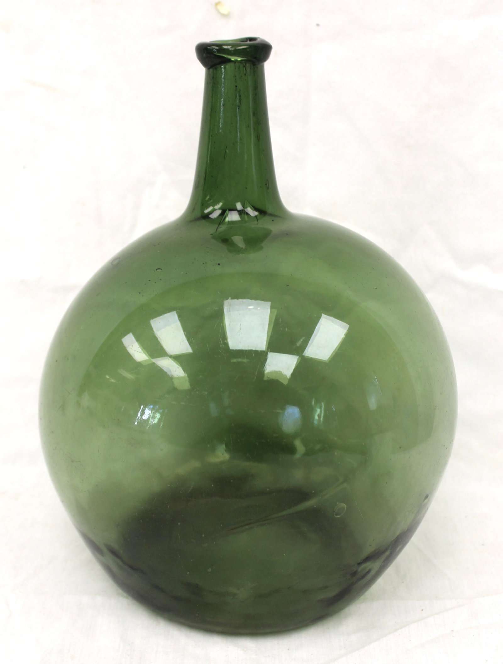 Early green glass bulbous bottle - 11 1/2" tall: Early green glass bulbous bottle - 11 1/2" tall