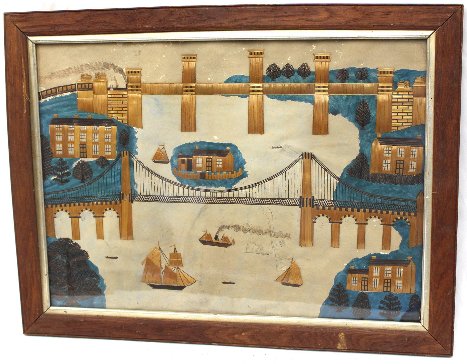 Antique Folk Art straw work & water color depicting the Menai Suspension Bridge & The Britannia: Antique Folk Art straw work & water color depicting the Menai Suspension Bridge & The Britannia Tubular Bridge in North Wales - overall framed size 22"x26 1/2"