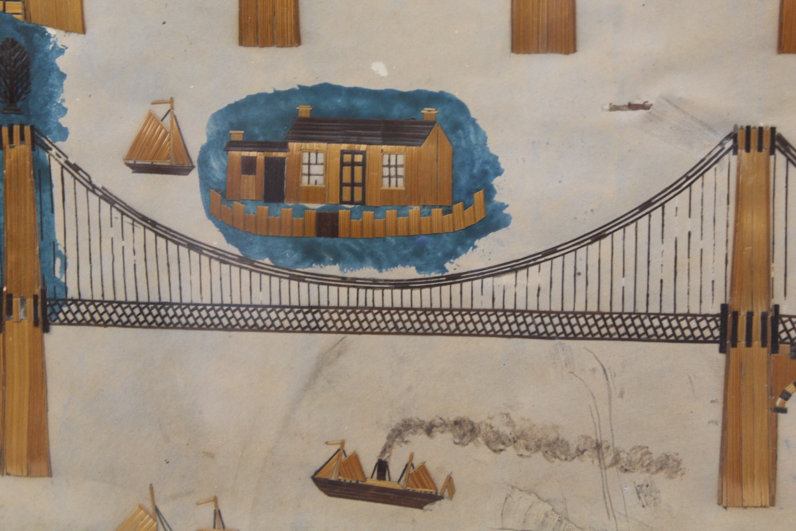 Antique Folk Art straw work & water color depicting the Menai Suspension Bridge & The Britannia - 3