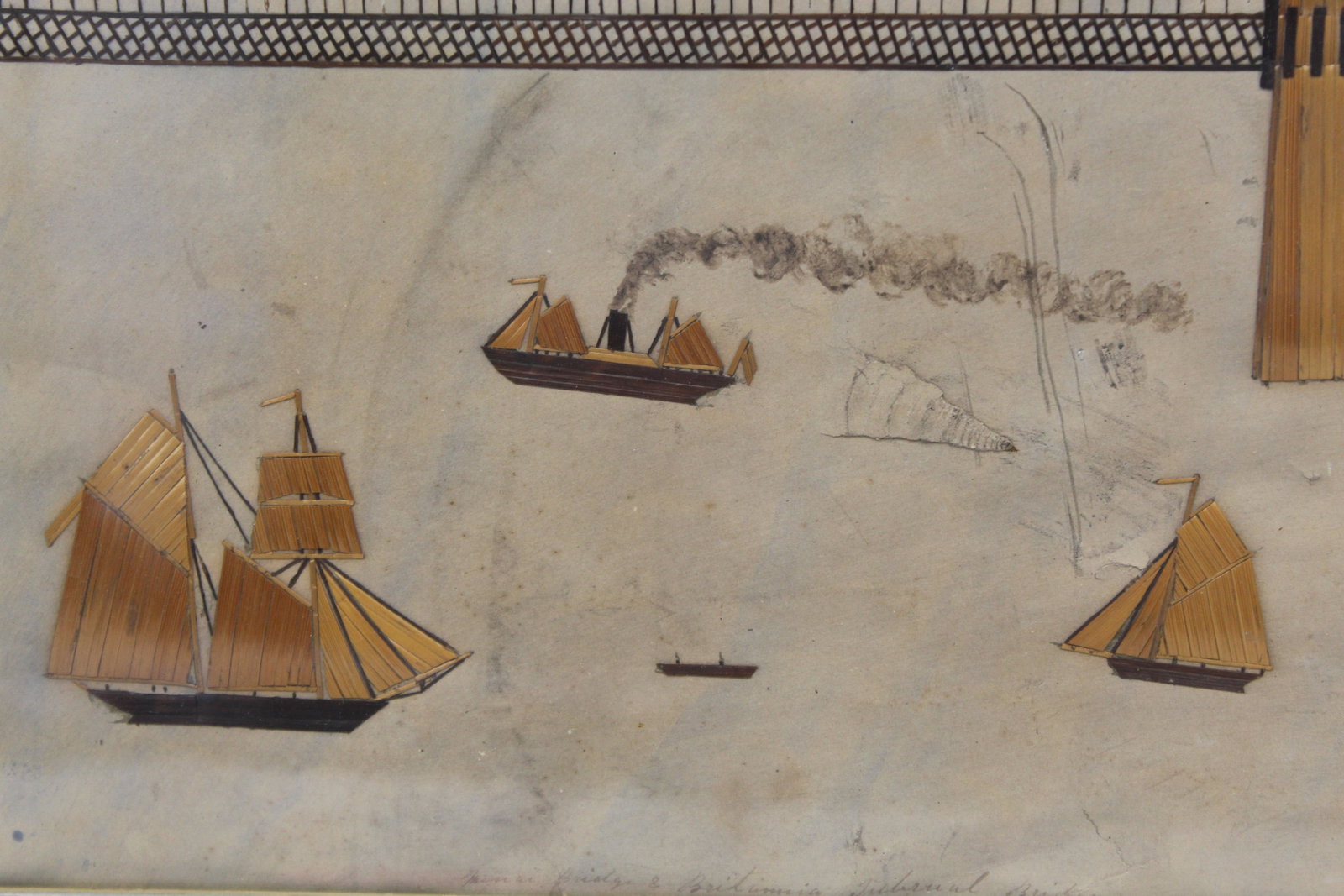 Antique Folk Art straw work & water color depicting the Menai Suspension Bridge & The Britannia - 4