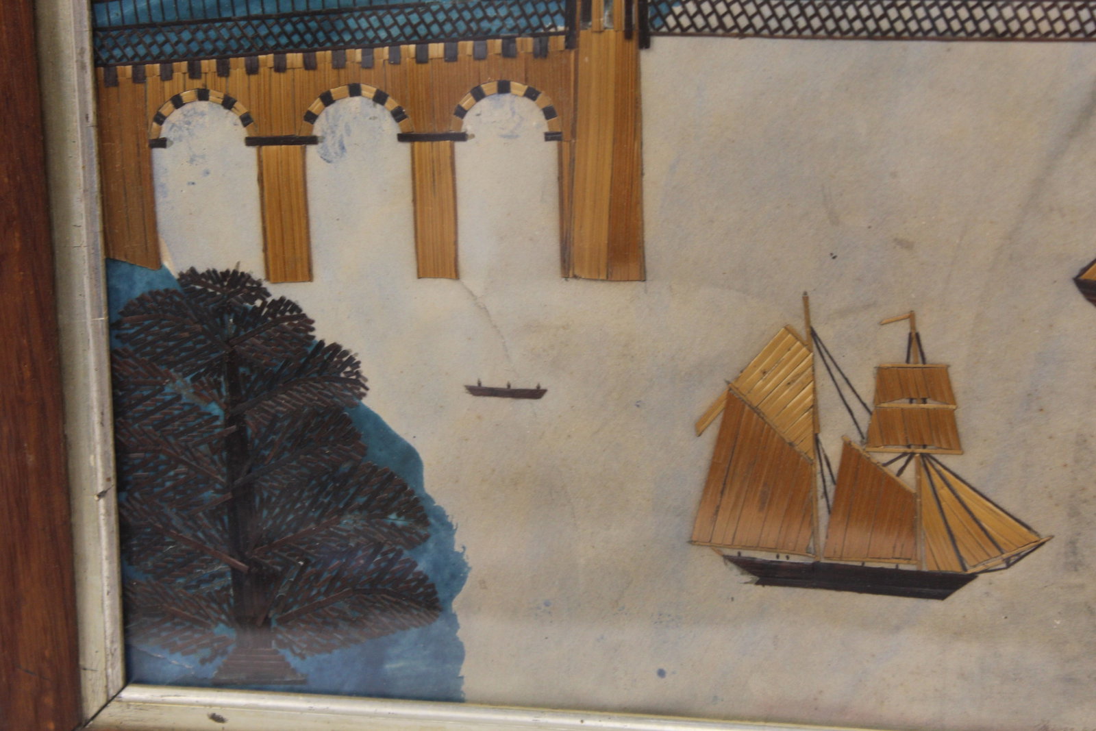 Antique Folk Art straw work & water color depicting the Menai Suspension Bridge & The Britannia - 5