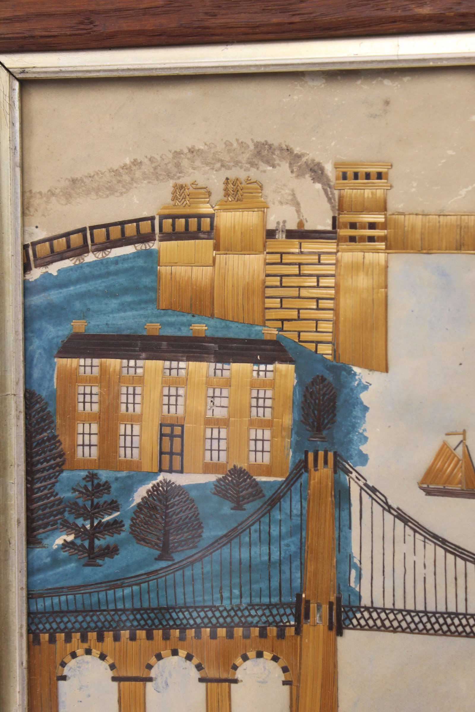 Antique Folk Art straw work & water color depicting the Menai Suspension Bridge & The Britannia - 6