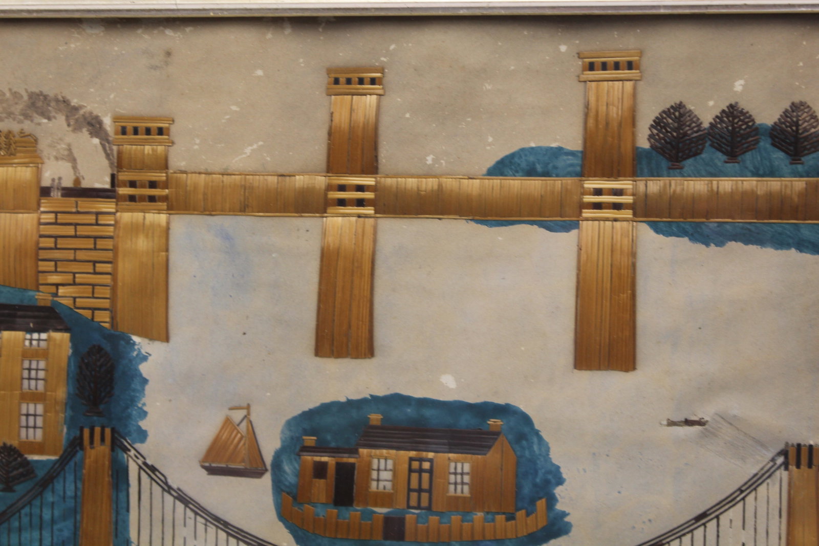 Antique Folk Art straw work & water color depicting the Menai Suspension Bridge & The Britannia - 7