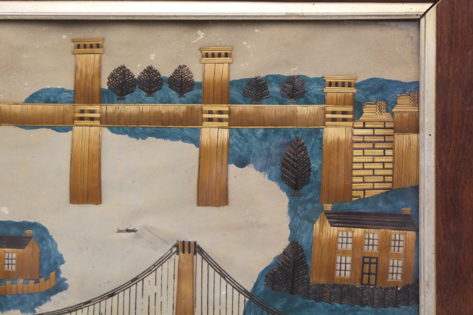 Antique Folk Art straw work & water color depicting the Menai Suspension Bridge & The Britannia - 8