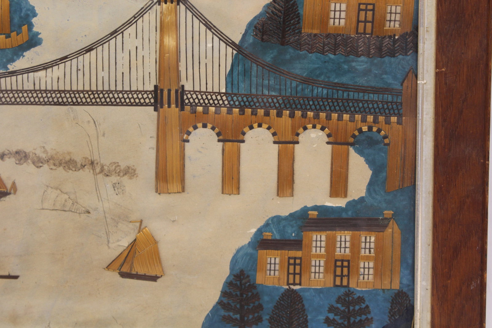 Antique Folk Art straw work & water color depicting the Menai Suspension Bridge & The Britannia - 9