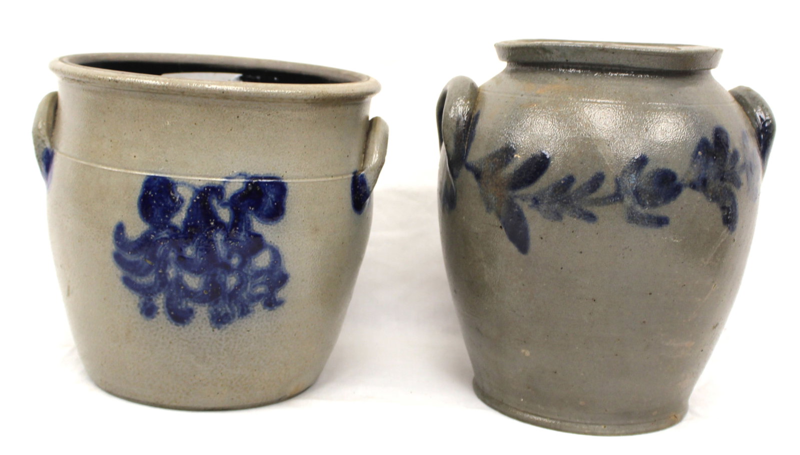 Lot of 2 antique ovoid crocks w cobalt dec - 8" & 9 1/2" tall: Lot of 2 antique ovoid crocks w cobalt dec - 8" & 9 1/2" tall