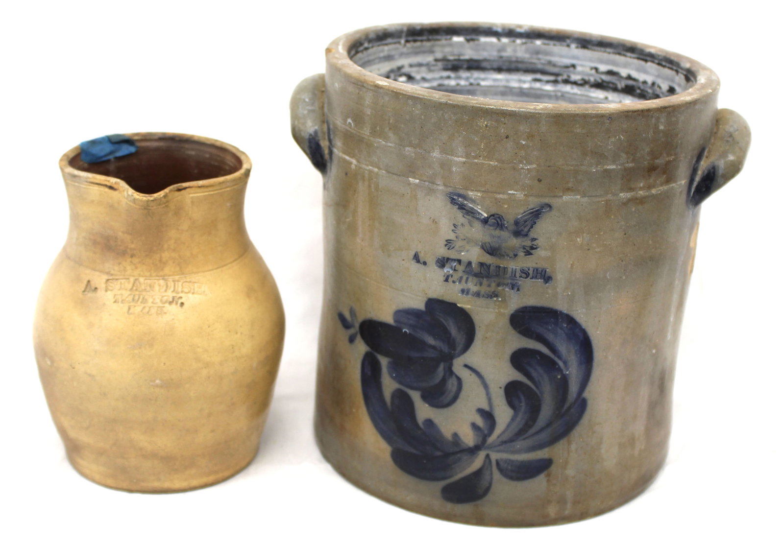 Lot of 2 antique A. Standish Taunton, MA stoneware items incl cobalt dec crock & a pitcher - 9" & 7" (1 of 15)