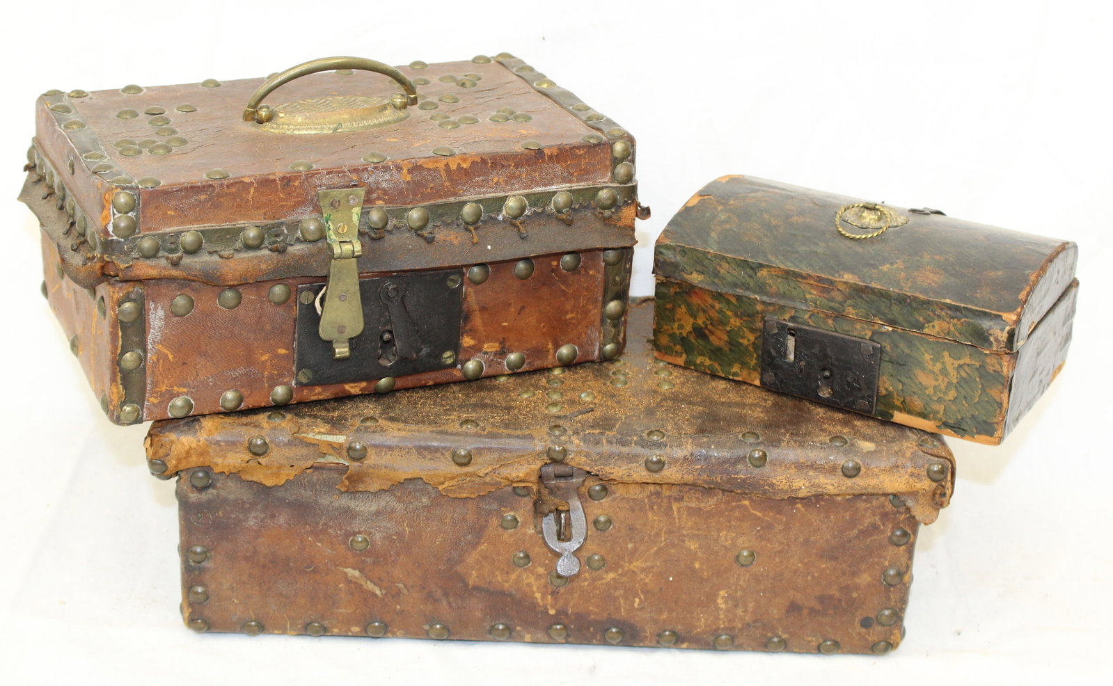 Lot of 3 antique small leather bound boxes - 2 w tack decoration - 2 1/2" tall x 6"x 3 1/2", 4" tall (1 of 13)
