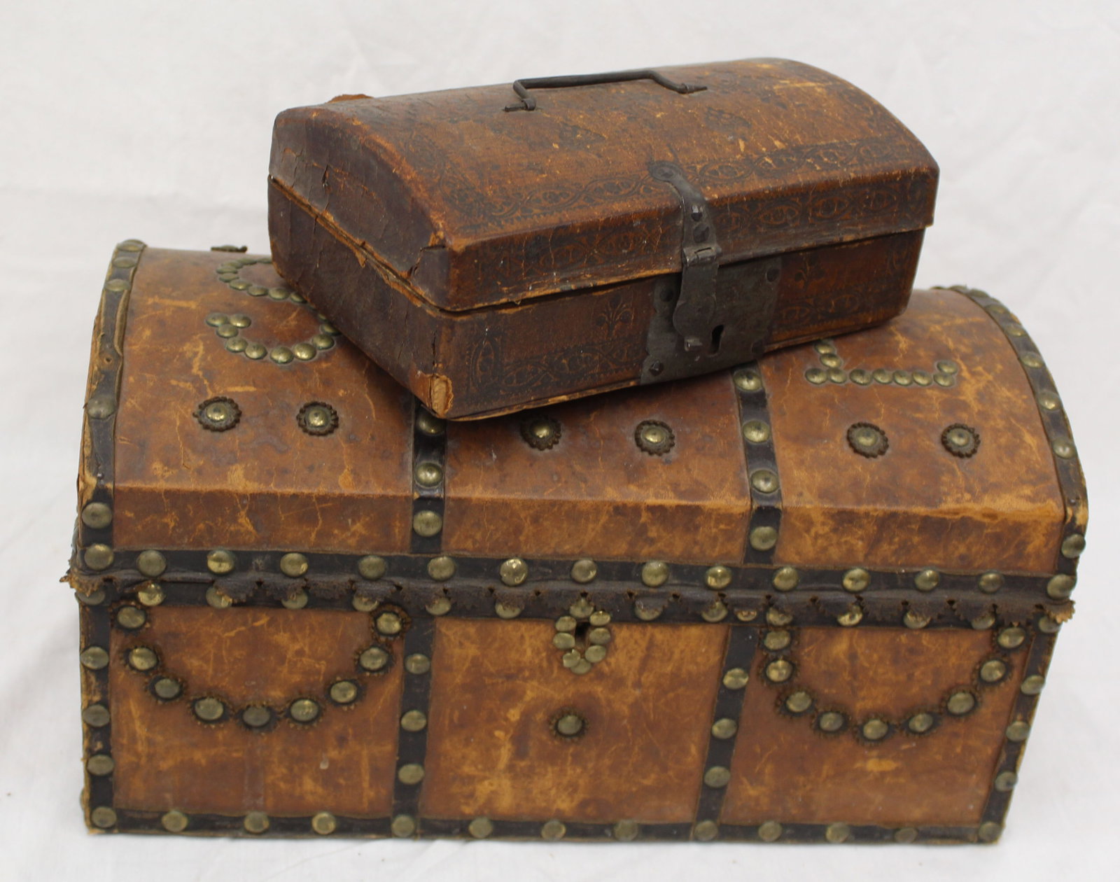 Lot of 2 antique leather bound valuables boxes w tack dec - 3" tall x 8"x5" & 7" tall x 13"x7" (1 of 7)