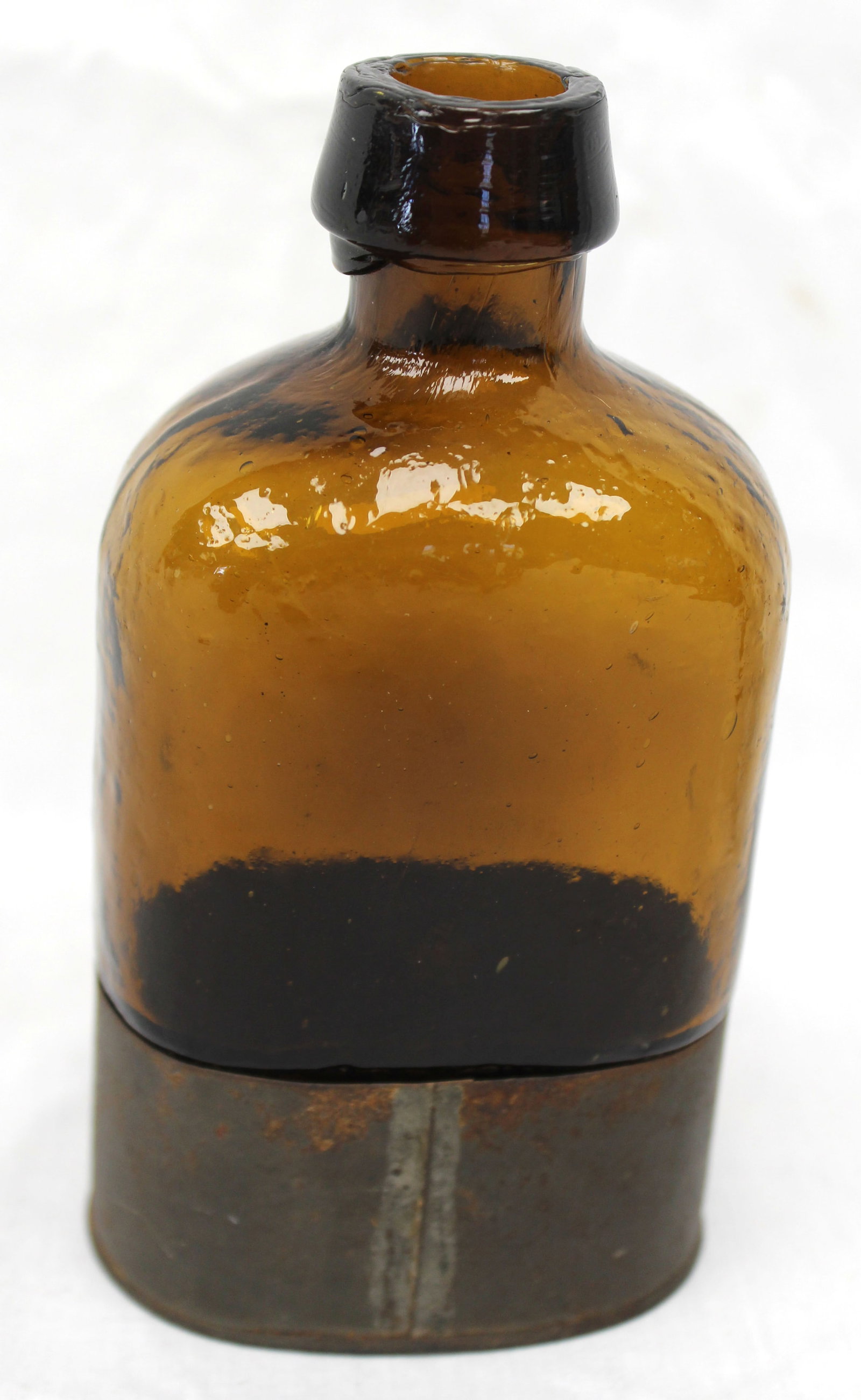 Early amber glass bottle w applied tin bottom - 6" tall (1 of 6)