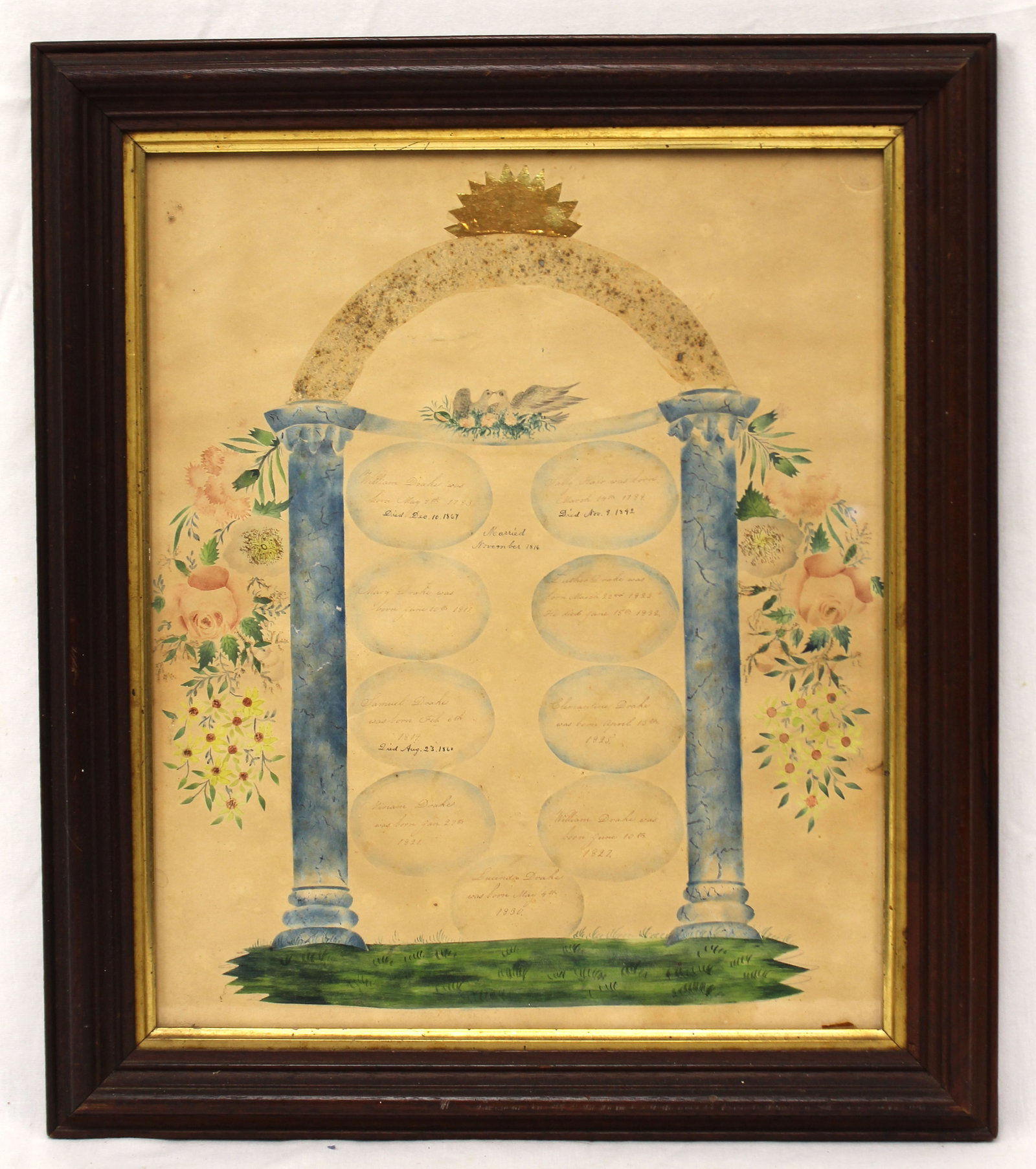 19thC watercolor family regsiter of William & Sally (Hair) Drake and their 7 children - overall (1 of 14)
