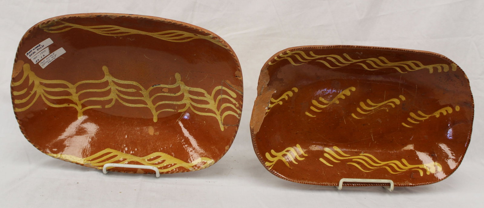 Lot of 2 antique slip dec redware platters - 14"x8" & 14"x10" (1 of 9)