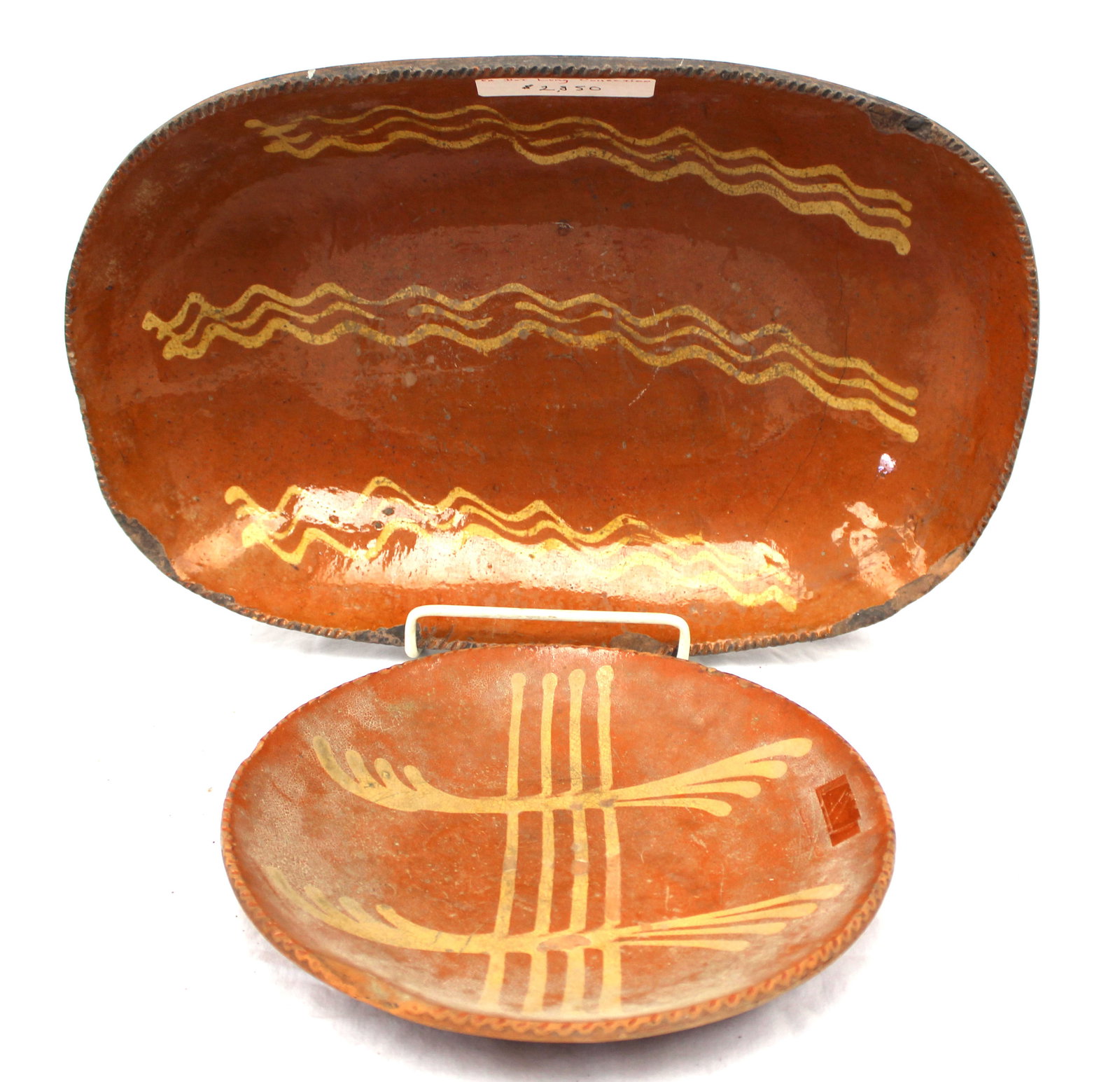Lot of 2 antique slip decorated redware platter & plate - 15"x11" & 10" diam (1 of 9)