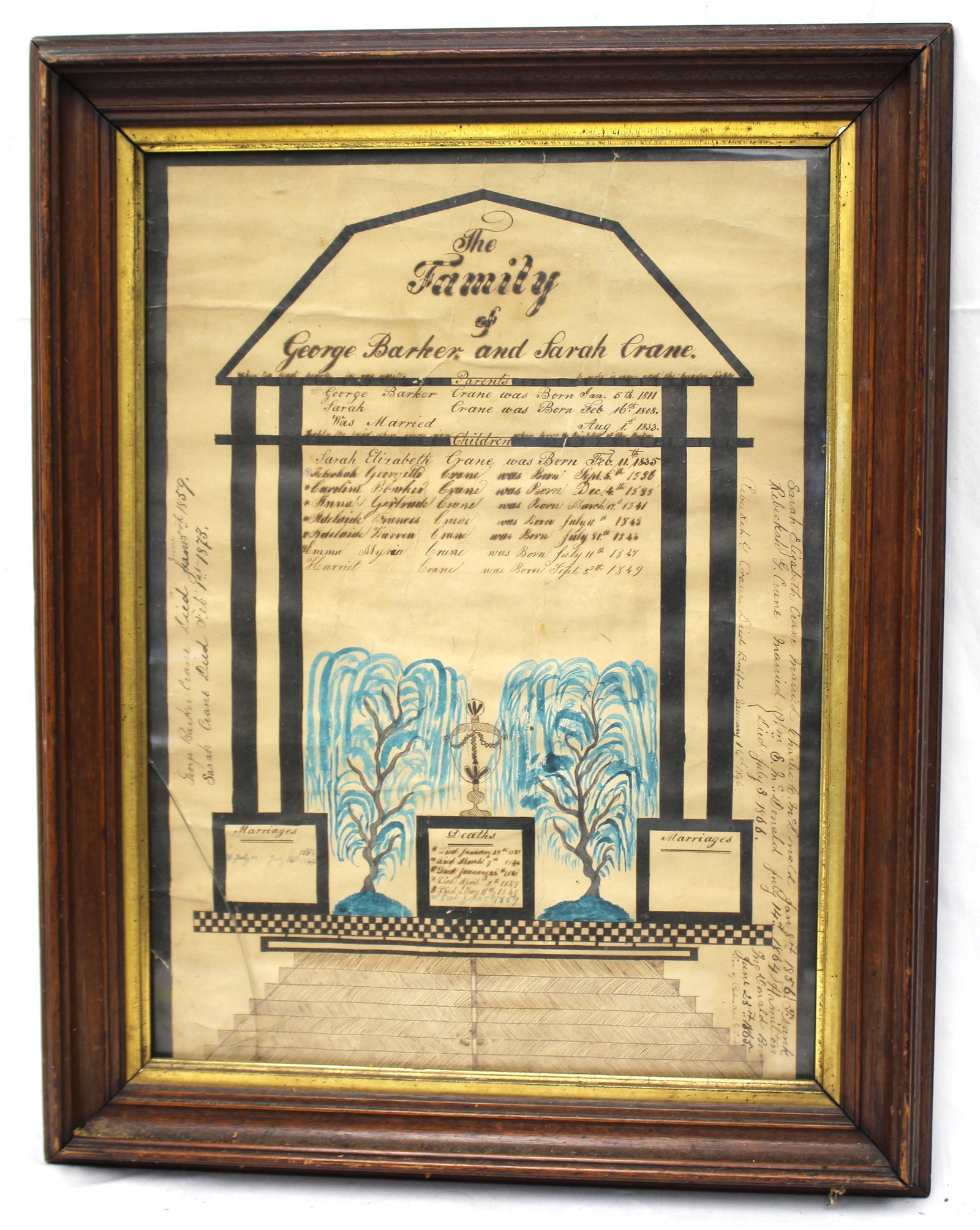 19thC watercolor family register of George & Sarah (Crane) Barker and their children - overall: 19thC watercolor family register of George & Sarah (Crane) Barker and their children - overall framed size 23 1/2"x18 1/2"
