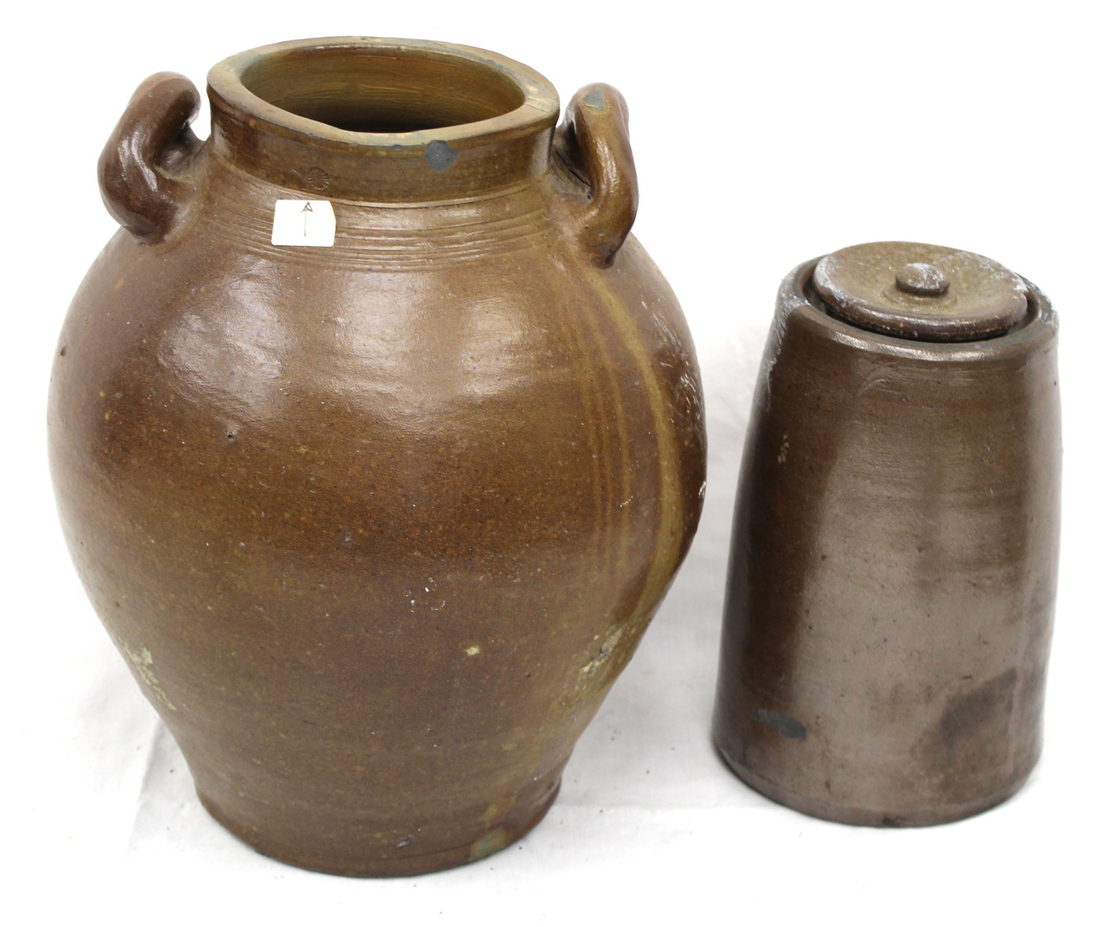 Lot of 2 antique stoneware items incl large ovoid crock & smaller covered jar - 13 1/2" & 10" tall (1 of 10)
