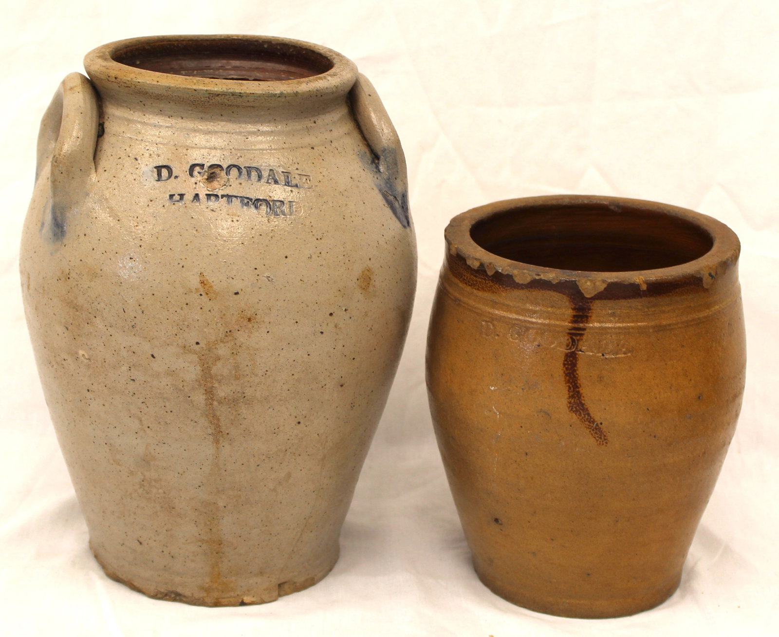 Lot of 2 antique D. Goodale Hartford stoneware ovoid crocks - 10 1/2" & 7" tall (1 of 10)