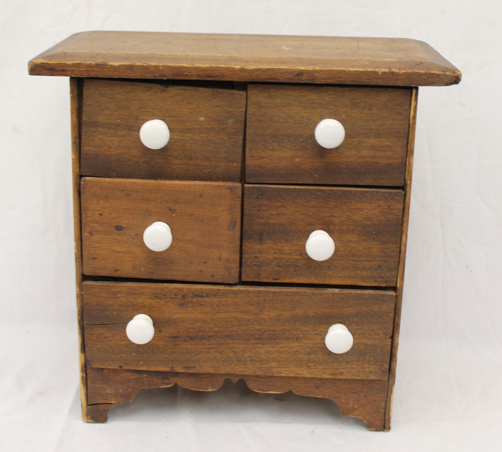 19thC 5 drawer small spice chest w porcelain knobs - 14" tall x 14 1/2"x7" (1 of 6)